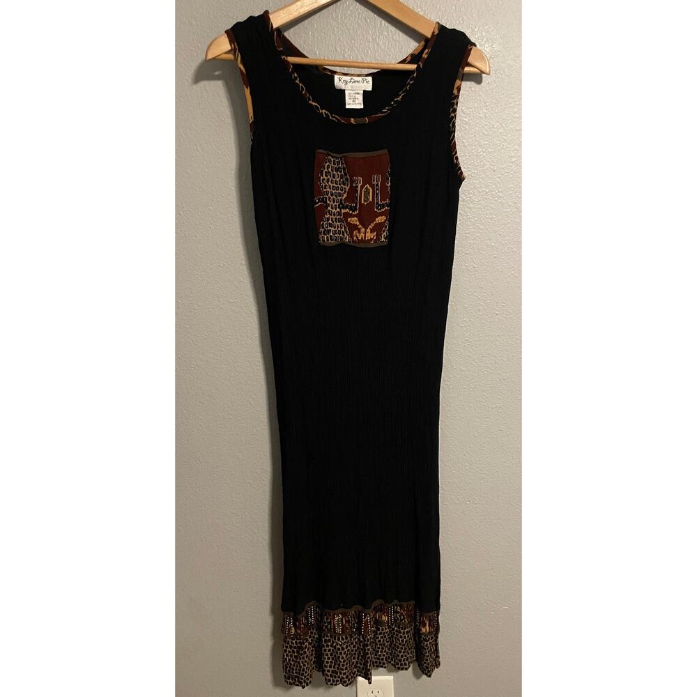 Vintage Key Lime Pie Dress Womens Medium Black Tribal Animal Print Stretch 90s